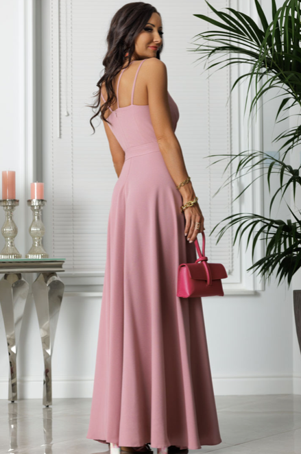 Dlhé ružové hladké spoločenské letné šaty s rázporkom a dvojitými ramienkami - Paris